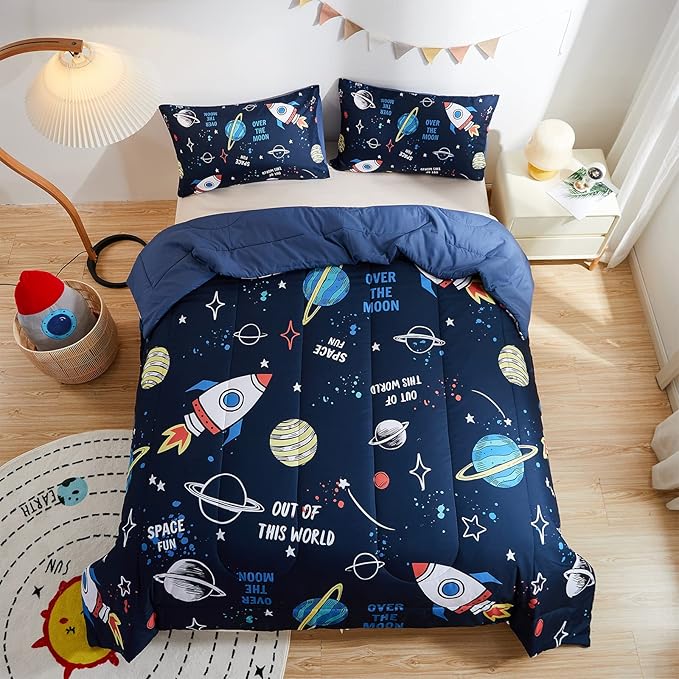 beeweed 3 Piece Kid Comforter Set Queen Size, Space Rocket Bedding Set for Teen Boys Girls - LeafyLoom