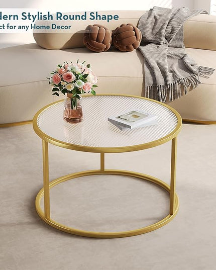 SAYGOER Modern Coffee Table Round Glass Coffee Tables for Large or Small Space Unique Art Center Table for Living Room Home Office with Gold Metal Frame, Easy Assembly - LeafyLoom