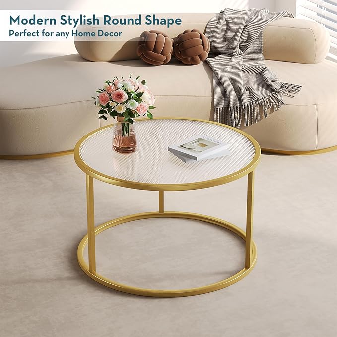 SAYGOER Modern Coffee Table Round Glass Coffee Tables for Large or Small Space Unique Art Center Table for Living Room Home Office with Gold Metal Frame, Easy Assembly - LeafyLoom