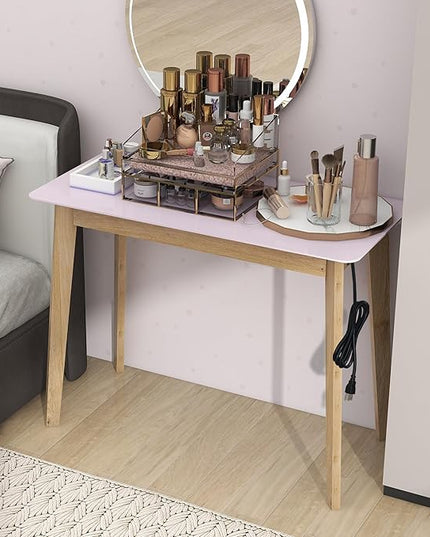 TaoHFE Pink Vanity Table with Rubber Wood Legs Small Spaces Girl Vanity Desk Glossy Pink 39 Inch Makeup Desk with USB Dressing Table No Mirror Computer Desk for Home Modern Vanity Desk for Bedroom - LeafyLoom