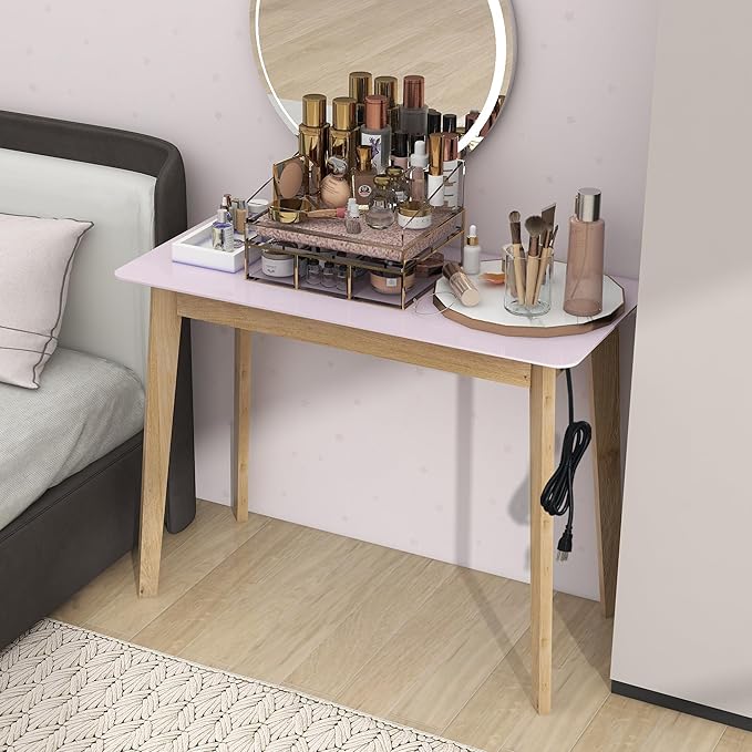 TaoHFE Pink Vanity Table with Rubber Wood Legs Small Spaces Girl Vanity Desk Glossy Pink 39 Inch Makeup Desk with USB Dressing Table No Mirror Computer Desk for Home Modern Vanity Desk for Bedroom - LeafyLoom