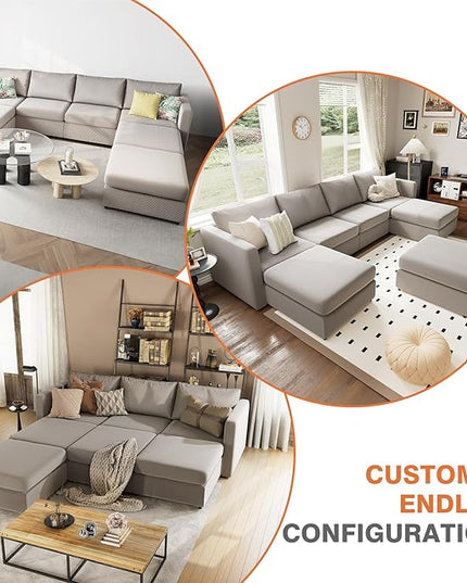 Sweetcrispy Convertible Modular Sectional Sofa, 8 Seat Sectional Couches for Living Room, U-Shaped Modern Fabric Modular Sofa Sleeper with Double Chaise for Home, Apartment, Dorm, Grey - LeafyLoom