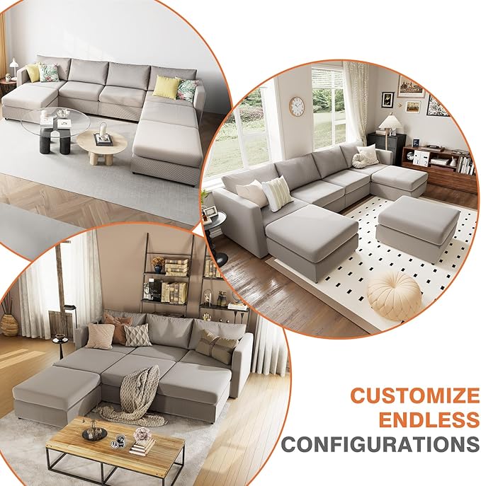 Sweetcrispy Convertible Modular Sectional Sofa, 8 Seat Sectional Couches for Living Room, U-Shaped Modern Fabric Modular Sofa Sleeper with Double Chaise for Home, Apartment, Dorm, Grey - LeafyLoom