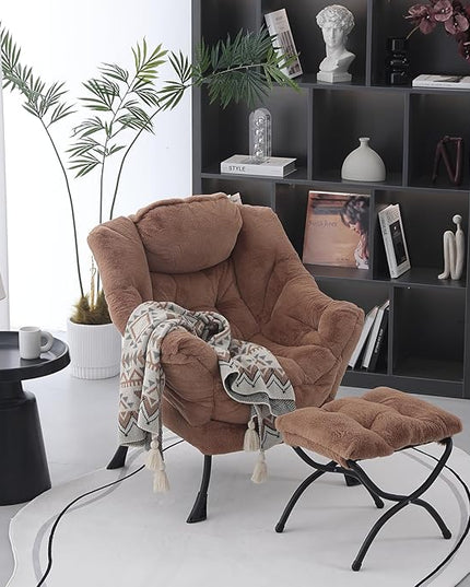 Lazy Chair with Ottoman, Modern Accent Chair Contemporary Lounge Leisure Upholstered Sofa Chair Set with Armrests, Reading Chair for Living Room, Bedroom, Office, Plush Brown - LeafyLoom