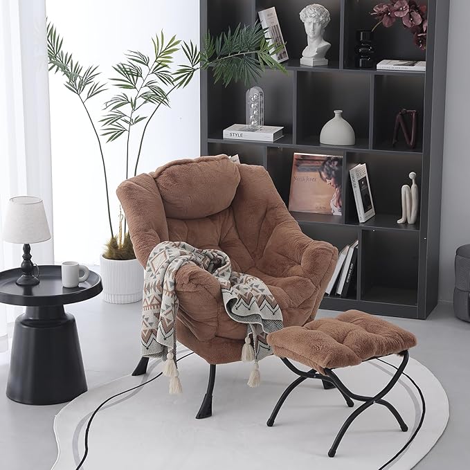 Lazy Chair with Ottoman, Modern Accent Chair Contemporary Lounge Leisure Upholstered Sofa Chair Set with Armrests, Reading Chair for Living Room, Bedroom, Office, Plush Brown - LeafyLoom