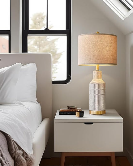 25" Table Lamps Set of 2 - Bedside Lamps - Modern Lamps for Living Room - White Washed Ceramic Bedroom Lamps Set of 2 - Nightstand Lamps - LeafyLoom