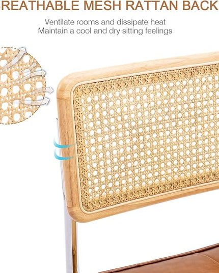 Zesthouse Mid-Century Modern Dining Chairs 4 Pcs, Accent Rattan Kitchen Chairs, Armless Mesh Back Cane Upholstered Leather Chairs with Metal Chrome Legs, Brown - LeafyLoom