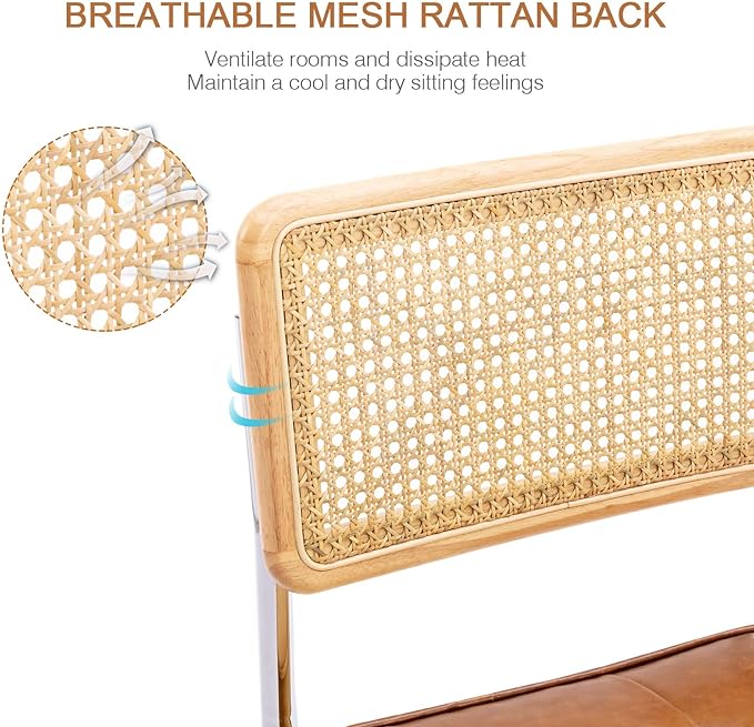 Zesthouse Mid-Century Modern Dining Chairs, Upholstered Tufted Faux Leather Accent Chairs Rattan Dining Chairs Set of 2, Armless Mesh Back Cane Chairs with Metal Chrome Legs, Brown - LeafyLoom