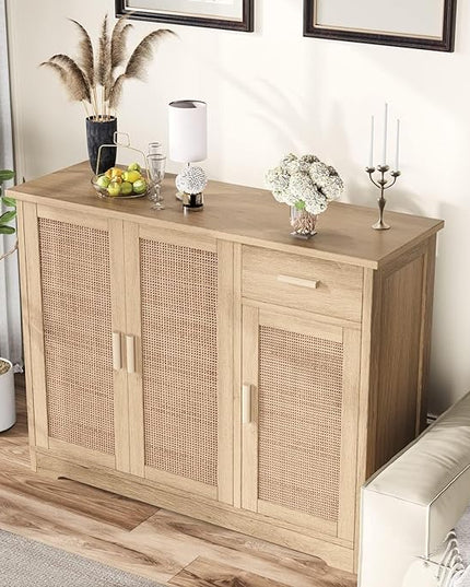 Irontar Kitchen Storage Cabinet, Sideboard Buffet Cabinet with Rattan Decorated Doors, Farmhouse Console Table with Drawer, Coffee Bar, Accent Table for Kitchen, Living Room, Hallway, Natural CWG010M - LeafyLoom