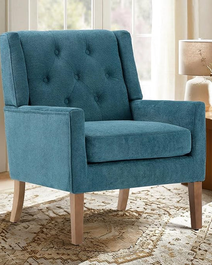 COLAMY Mid-Century Accent Chairs, Modern Wingback Living Room Chair, Upholstered Armchair with Button Tufted Back and Wood Legs for Bedroom/Office/Reading Spaces, Teal - LeafyLoom
