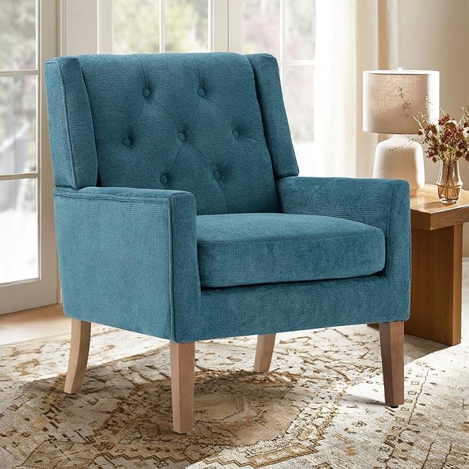 COLAMY Mid-Century Accent Chairs, Modern Wingback Living Room Chair, Upholstered Armchair with Button Tufted Back and Wood Legs for Bedroom/Office/Reading Spaces, Teal - LeafyLoom