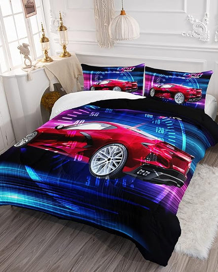 Axolotl Race Car Bedding Set Queen Size,Boys Extreme Sports Comforter Set for Kids Boys Car Racing Gifts,Red Cool Car Comforter Car Sports Quilt Set 1 Comforter Set with 2 Pillowcase Car Racing Gifts - LeafyLoom