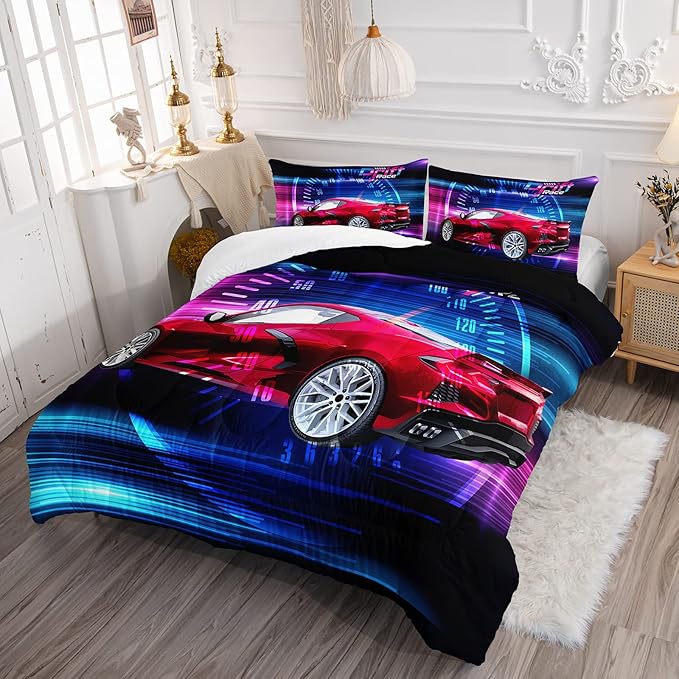 Axolotl Race Car Bedding Set Full Size,Boys Extreme Sports Comforter Set for Kids Boys Car Racing Gifts,Red Cool Car Comforter Car Sports Quilt Set 1 Comforter Set with 2 Pillowcase Car Racing Gifts - LeafyLoom