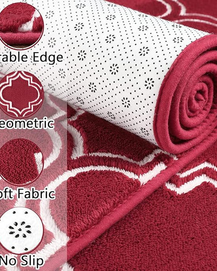 Chicrug Shag Geometric Modern Runner Rug for Bedroom, 2x6 Feet Memory Foam Indoor Hallway Runner Carpet, Fluffy Rug for Living Room Bedside Room Decor for Family, Wine Red/White - LeafyLoom