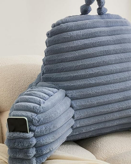 WERDIM Reading Pillow for Sitting in Bed, Faux Fur Back Pillow for Bed Rest, Bed Chair Pillow with Arms and Pockets(Large, Dusty Blue) - LeafyLoom