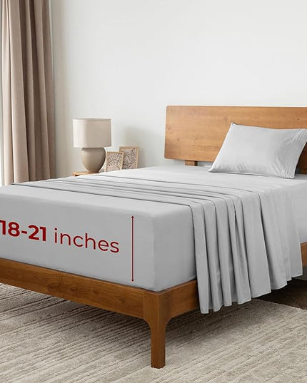 Mellanni Extra Deep Twin Sheets - 3 PC Iconic Collection Bedding Sheets & Pillowcases - Hotel Luxury, Ultra Soft, Cooling Bed Sheets - Extra Deep Pocket up to 21 inch (Twin, Light Gray) - LeafyLoom