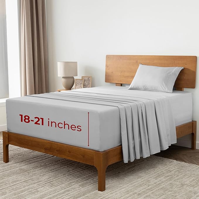 Mellanni Extra Deep Twin XL Sheets - 3 PC Iconic Collection Bedding Sheets & Pillowcases - Hotel Luxury, Ultra Soft, Cooling Bed Sheets - Extra Deep Pocket up to 21 inch (Twin Extra Long, Light Gray) - LeafyLoom