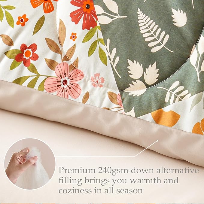 Whale Flotilla Queen Full Comforter Set, Soft Reversible Orange and Beige Bedding Comforter Set with Boho Pattern, 1 Micoriber Patchwork Comforter and 2 Pillow Shams, 3 Pieces - LeafyLoom