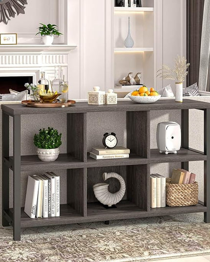 FOLUBAN 6 Cube Storage Organizer with Shelf, Wood and Metal Cubby Bookcase, Industrial Low Horizontal Bookshelf (Dark Grey, 47 Inch) - LeafyLoom