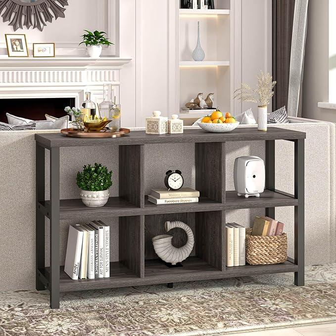 FOLUBAN 6 Cube Storage Organizer with Shelf, Wood and Metal Cubby Bookcase, Industrial Low Horizontal Bookshelf (Dark Grey, 47 Inch) - LeafyLoom