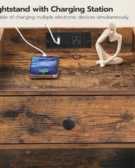 HOOBRO Nightstand with Charging Station, End Table with Drawer and Opening Shelf, Side Table with USB Ports and Outlets, Bedside Table for Bedroom, Small Night Stand, Rustic Brown FG18UBZ01 - LeafyLoom