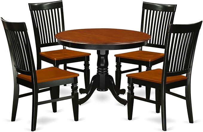 East West Furniture Hartland 5 Piece Modern Set Includes a Round Wooden Table with Pedestal and 4 Dining Chairs, 42x42 Inch, Black & Cherry - LeafyLoom