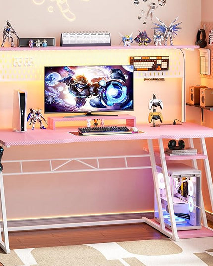 Pink Gaming Desk with Hutch and LED Lights, 55" Computer Desk with Storage Shelves, Reversible PC Gaming Desk with Pegboard, Gaming Table Gamer Desk for Bedroom, Carbon Fiber Pink - LeafyLoom