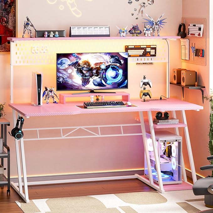 Pink Gaming Desk with Hutch and LED Lights, 55" Computer Desk with Storage Shelves, Reversible PC Gaming Desk with Pegboard, Gaming Table Gamer Desk for Bedroom, Carbon Fiber Pink - LeafyLoom