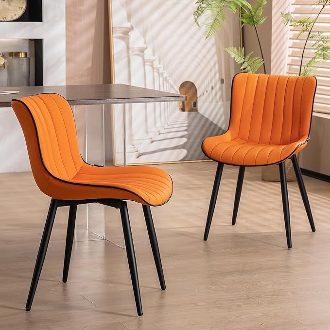 YOUNUOKE Orange Dining Chairs Set of 2 Upholstered Mid Century Modern Kitchen Chair Armless Faux Leather Accent Guest Side Chair with Back and Metal Legs for Living Reception Waiting Room Bedroom - LeafyLoom