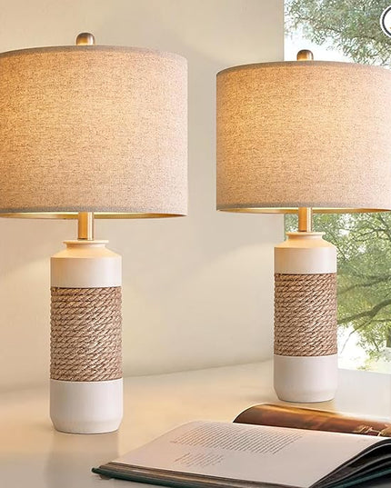 OYEARS 23.75" Bedside Table Lamps Set of 2 for Sleeping and Reading, Vintage Farmhouse Rattan Table Lamp Antique White Resin Lamp for Decoration, Office Living Room Bedside Table - LeafyLoom
