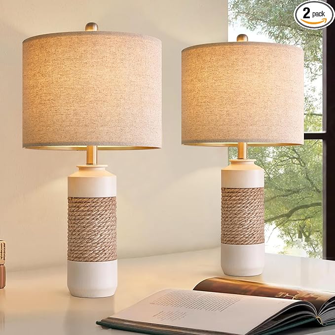OYEARS 23.75" Bedside Table Lamps Set of 2 for Sleeping and Reading, Vintage Farmhouse Rattan Table Lamp Antique White Resin Lamp for Decoration, Office Living Room Bedside Table - LeafyLoom