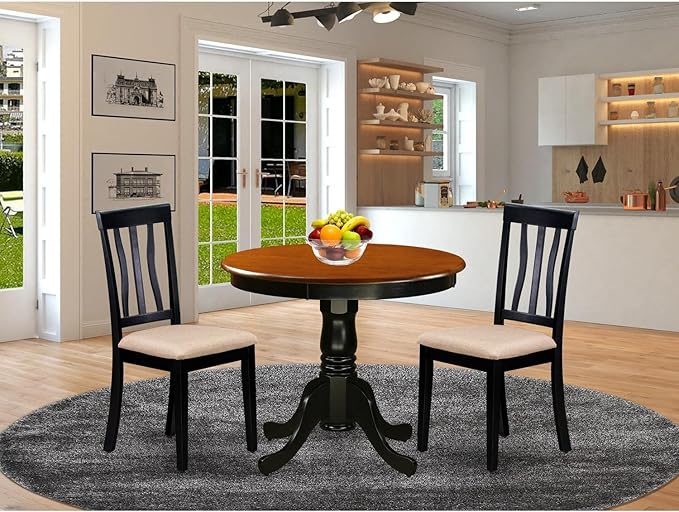 East West Furniture ANTI3-BLK-C Antique 3 Piece Kitchen Set for Small Spaces Contains a Round Dining Room Table with Pedestal and 2 Linen Fabric Upholstered Chairs, 36x36 Inch - LeafyLoom