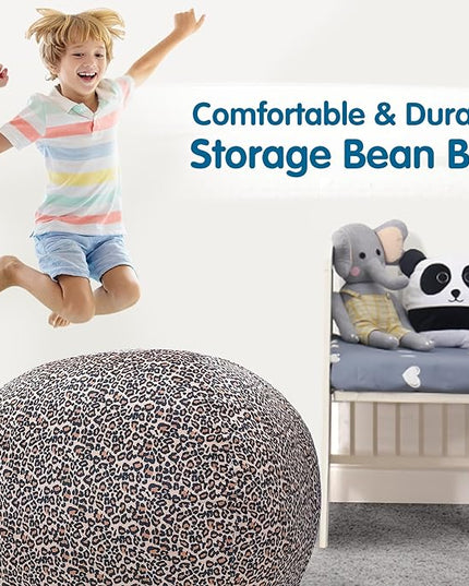 Lukeight Stuffed Animal Storage Bean Bag Chair Cover for Kids, Zipper Beanbag Chair Cover for Organizing Toddler & Kids' Rooms Plush Toys (Leopard Velvet, XX-Large) - LeafyLoom