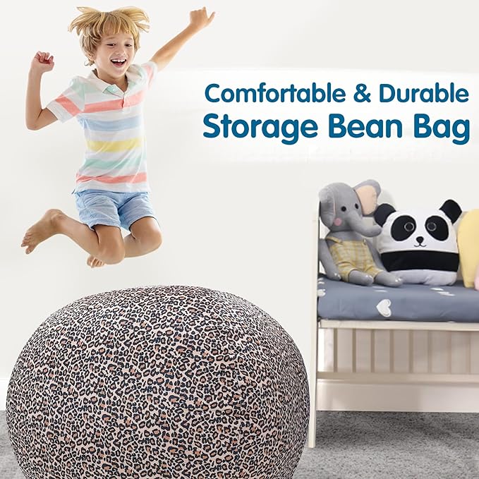 Lukeight Stuffed Animal Storage Bean Bag Chair Cover for Kids, Zipper Beanbag Chair Cover for Organizing Toddler & Kids' Rooms Plush Toys (Leopard Velvet, X-Large) - LeafyLoom