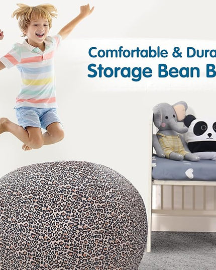 Lukeight Stuffed Animal Storage Bean Bag Chair Cover for Kids, Stuffed Animal Bean Bag Storage, Zipper Beanbag Chair Cover for Organizing Toddler & Kids' Rooms Plush Toys (Leopard Velvet, Large) - LeafyLoom