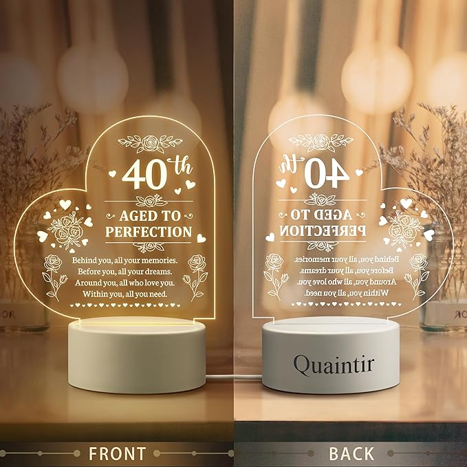 40th Birthday Gifts for Women, Personalized Night Light, 40 Year Old Gifts for Women, Happy 40th Birthday Gifts Ideas for Wife, Mom, Daughter, Sister, Aunt, Best Friends, BFF, Coworkers - LeafyLoom