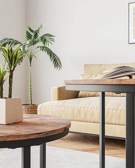 Round Coffee Table Set of 2 for Living Room,Black Small Coffee Table Living Room Table,Nesting Tables Metal Frame/Wood,Sturdy/Easy Assembly,Stacking Side Tables Bedroom,Rustic Brown - LeafyLoom