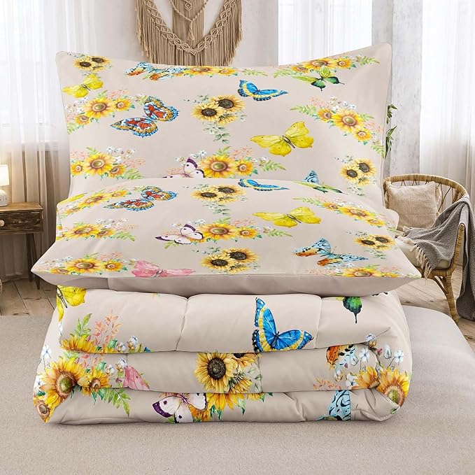 Tailor Shop Sunflower Comforter Sets King Size,Sunflower Bedding Sets for Teens Kids Butterflies Comforter Sets,Butterfly Bedding Sets Vintage Yellow Flowers Bedding Sets with 2 Pillowcases - LeafyLoom