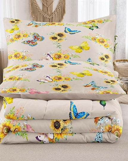 Tailor Shop Sunflower Comforter Sets Twin Size,Sunflower Bedding Sets for Teens Kids Butterflies Comforter Sets,Butterfly Bedding Sets Vintage Yellow Flowers Bedding Sets with 1 Pillowcases - LeafyLoom