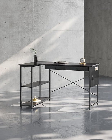 Ｍａｉｈａｉｌ Home Office Desk with Drawers and Shelves, 47” Computer Corner Desk for Small Space, Small L Shaped Desk with Side Storage for Bedroom, Black - LeafyLoom