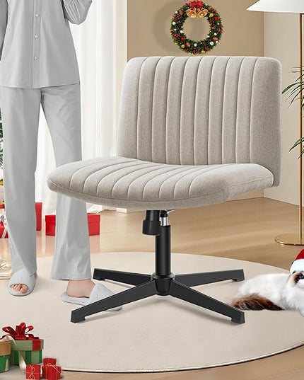 Armless Office Chair no Wheels, Ergonomic Wide Seat Swivel Desk Chair, Height Adjustable Cross Legged Comfortable Computer Chair for Living Room, Vanity Accent Chair Beige - LeafyLoom