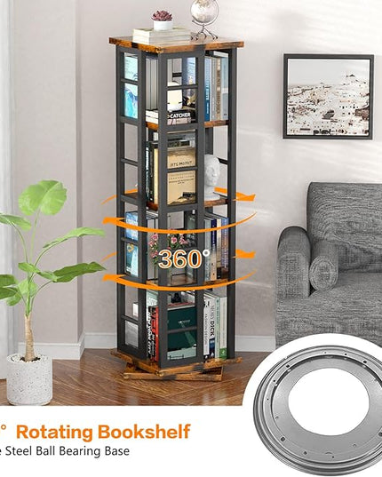 EasyCom Rotating Bookshelf with Metal Frame, 360 Display Wood Revolving Bookcase, 4-Tier Corner Bookshelf with Storage, Floor Standing Spinning Bookshelf for Living Room, Office, Brown - LeafyLoom