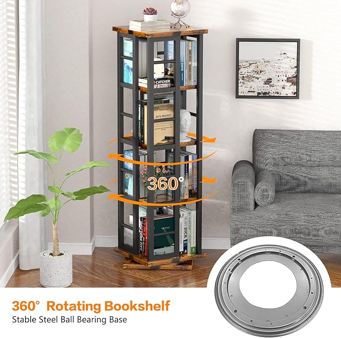 EasyCom Rotating Bookshelf with Metal Frame, 360 Display Wood Revolving Bookcase, 4-Tier Corner Bookshelf with Storage, Floor Standing Spinning Bookshelf for Living Room, Office, Brown - LeafyLoom