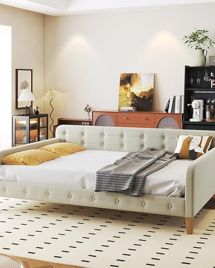 Full Size Velvet Upholstered Dayed with 4 Support Legs,Multifunction Solid Wood Bed Frame,W/A Backrest and Armrests,Easy to Install,for Bedroom Living Room,White - LeafyLoom