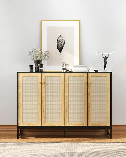 Storage Cabinet, Large Capacity Four-Door Rattan Sideboard with Adjustable Partitions, Metal Cabinet Legs, Modern Elegant Design Accent Cabinet Suitable for Home Office Bar Cafe (Black) - LeafyLoom