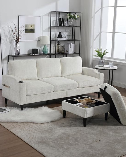 77.36" Modern Chenelle Polyester Sectional Sofa,L-Shaped Couch with Storage Ottoman,3 Seat Interior Furniture W/Pockets and Both Armrests Contain Cup Holders,for Dorm,Apartment,Studio,Beige - LeafyLoom