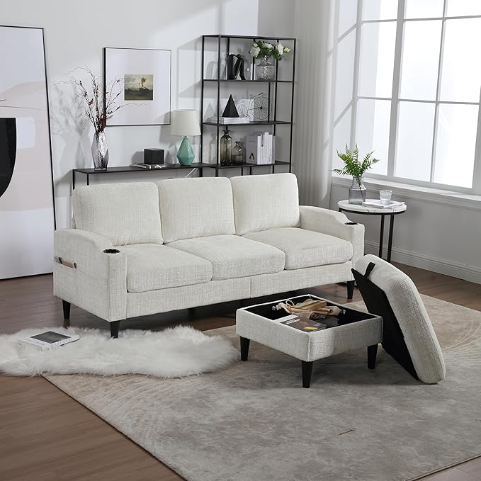 77.36" Modern Chenelle Polyester Sectional Sofa,L-Shaped Couch with Storage Ottoman,3 Seat Interior Furniture W/Pockets and Both Armrests Contain Cup Holders,for Dorm,Apartment,Studio,Beige - LeafyLoom