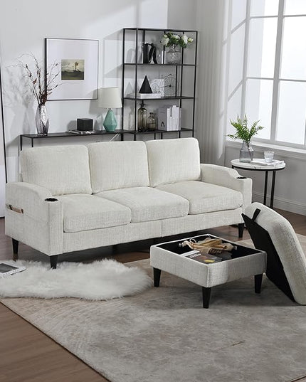Convertible Sectional Sofa with Movable Storage Ottoman and Cupholders, 3 Seater L-Shaped Corner Couch,Chenille Upholstered Furniture w/Detachable Thicked Cushions for Living Room, Small Space - LeafyLoom