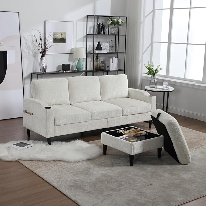 Convertible Sectional Sofa with Movable Storage Ottoman and Cupholders, 3 Seater L-Shaped Corner Couch,Chenille Upholstered Furniture w/Detachable Thicked Cushions for Living Room, Small Space - LeafyLoom
