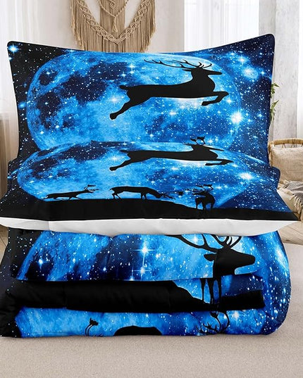 NINENINE Galaxy Deer Comforter Queen Size for Boys Girls Kids,Blue Moonlight Bedding Sets,Outer Space Bedding Set with 1 Comforter 2 Pillowcases - LeafyLoom